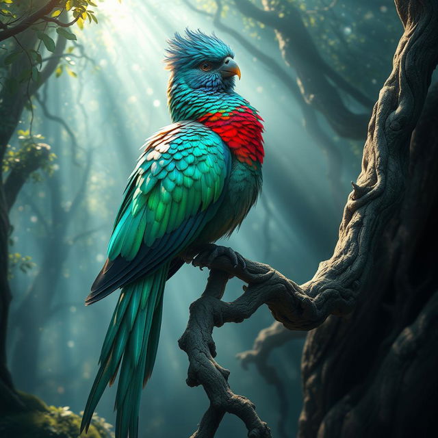 A majestic bird with opalescent feathers, perched elegantly on an ancient twisted tree branch