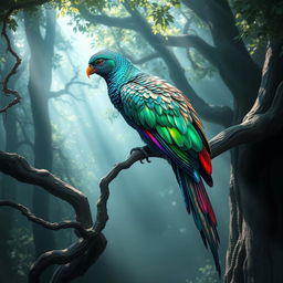 A majestic bird with opalescent feathers, perched elegantly on an ancient twisted tree branch