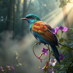 A splendid bird with iridescent feathers, perched on a winding vine draped with dew-kissed morning glories