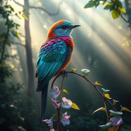 A splendid bird with iridescent feathers, perched on a winding vine draped with dew-kissed morning glories