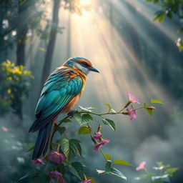 A splendid bird with iridescent feathers, perched on a winding vine draped with dew-kissed morning glories