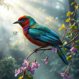 A splendid bird with iridescent feathers, perched on a winding vine draped with dew-kissed morning glories