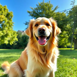 A friendly golden retriever sitting in a lush green park with a bright blue sky in the background