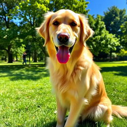 A friendly golden retriever sitting in a lush green park with a bright blue sky in the background