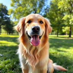 A friendly golden retriever sitting in a lush green park with a bright blue sky in the background