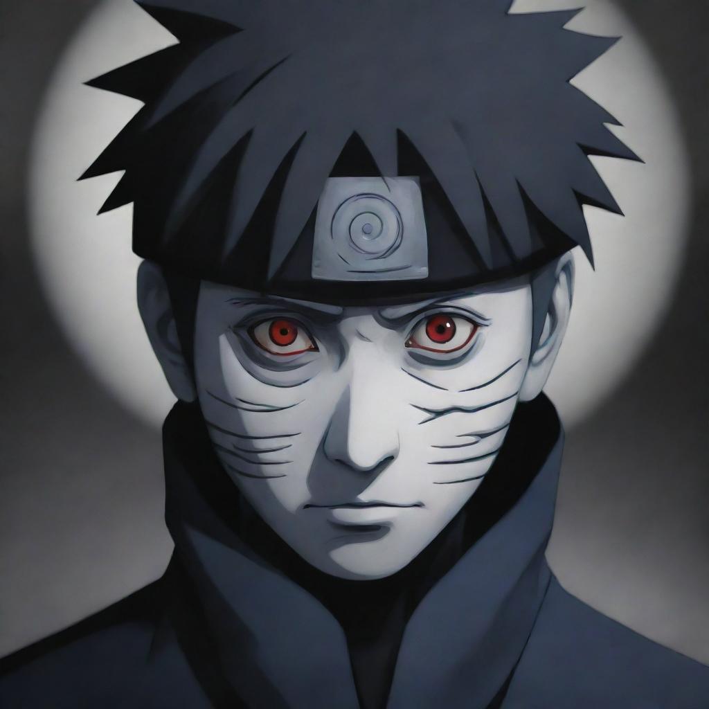 A eerie and creepy depiction of Obito Uchiha from Naruto, with haunting eyes and an unsettling aura.