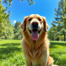 A friendly golden retriever sitting in a lush green park with a bright blue sky in the background