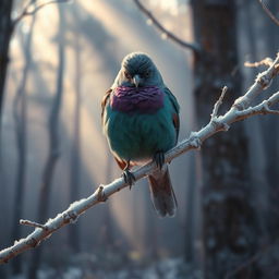 A resplendent bird with luxurious, shimmering feathers of jade and amethyst tones, perched delicately on a silver birch branch covered in a light dusting of morning frost