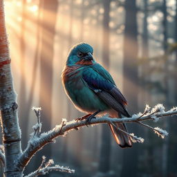 A resplendent bird with luxurious, shimmering feathers of jade and amethyst tones, perched delicately on a silver birch branch covered in a light dusting of morning frost