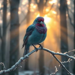 A resplendent bird with luxurious, shimmering feathers of jade and amethyst tones, perched delicately on a silver birch branch covered in a light dusting of morning frost