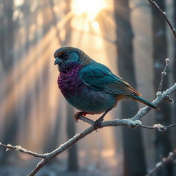 A resplendent bird with luxurious, shimmering feathers of jade and amethyst tones, perched delicately on a silver birch branch covered in a light dusting of morning frost