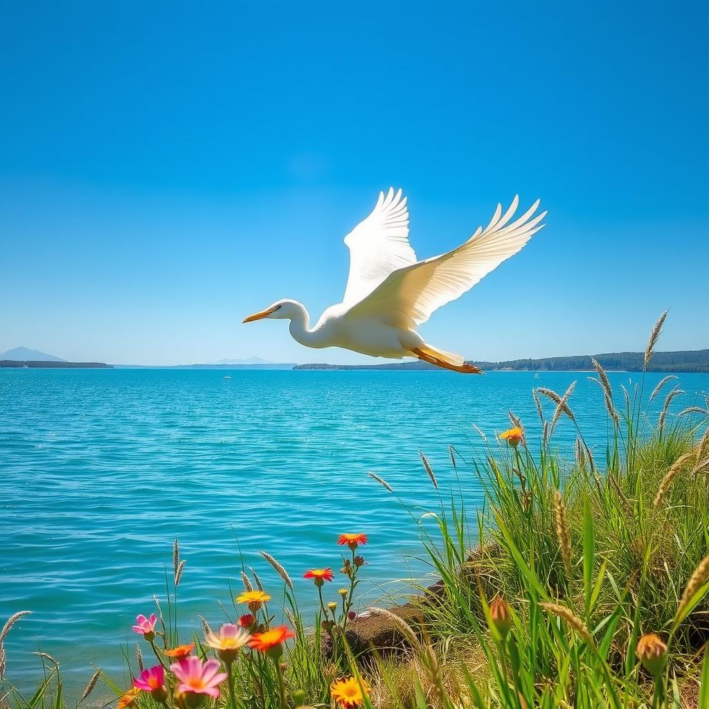 A majestic bird with dazzling white plumage, soaring gracefully over a tranquil azure lake under a clear blue sky