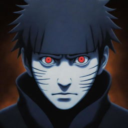 A eerie and creepy depiction of Obito Uchiha from Naruto, with haunting eyes and an unsettling aura.