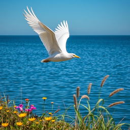 A majestic bird with dazzling white plumage, soaring gracefully over a tranquil azure lake under a clear blue sky