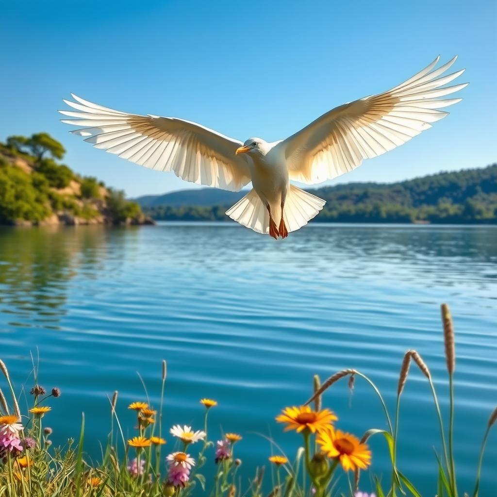 A majestic bird with dazzling white plumage, soaring gracefully over a tranquil azure lake under a clear blue sky