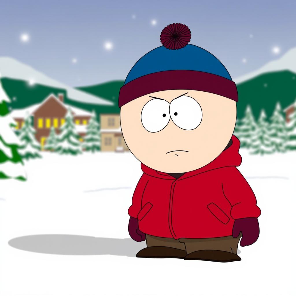 Eric Cartman, the mischievous and iconic character from South Park, standing in his classic red jacket and blue hat