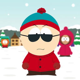 Eric Cartman, the mischievous and iconic character from South Park, standing in his classic red jacket and blue hat