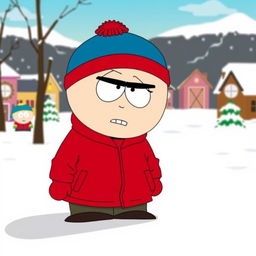 Eric Cartman, the mischievous and iconic character from South Park, standing in his classic red jacket and blue hat