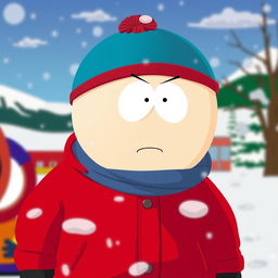 Eric Cartman, the mischievous and iconic character from South Park, standing in his classic red jacket and blue hat