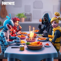 A virtual family from Fortnite sitting around a dining table, having an engaging dinner together