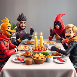 A virtual family from Fortnite sitting around a dining table, having an engaging dinner together