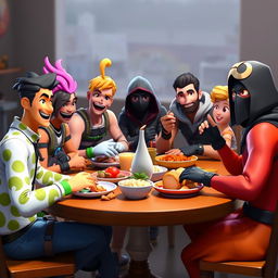 A virtual family from Fortnite sitting around a dining table, having an engaging dinner together