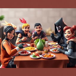 A virtual family from Fortnite sitting around a dining table, having an engaging dinner together