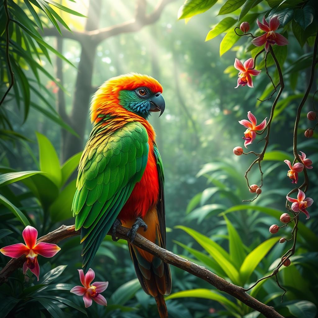 An elegant bird with vibrant emerald green and fiery orange plumage, gracefully perched on a branch amid a lush tropical rainforest