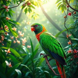 An elegant bird with vibrant emerald green and fiery orange plumage, gracefully perched on a branch amid a lush tropical rainforest