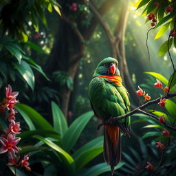 An elegant bird with vibrant emerald green and fiery orange plumage, gracefully perched on a branch amid a lush tropical rainforest