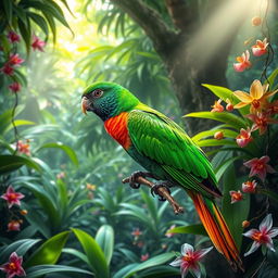 An elegant bird with vibrant emerald green and fiery orange plumage, gracefully perched on a branch amid a lush tropical rainforest