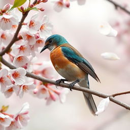 A graceful bird with iridescent blue and green feathers, delicately perched on a blooming cherry blossom tree