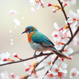 A graceful bird with iridescent blue and green feathers, delicately perched on a blooming cherry blossom tree