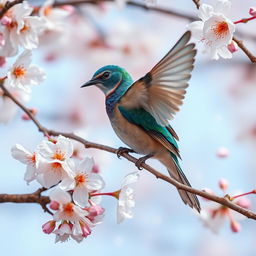 A graceful bird with iridescent blue and green feathers, delicately perched on a blooming cherry blossom tree