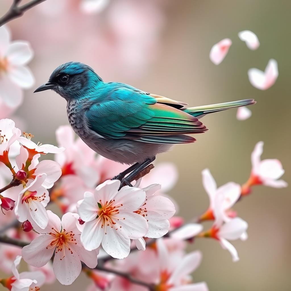 A graceful bird with iridescent blue and green feathers, delicately perched on a blooming cherry blossom tree