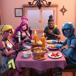 A Fortnite roleplay family at dinner featuring iconic skins: Ruby, Fade, Alto, and Jonesy, gathered around a dining table in a cozy, game-like atmosphere