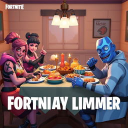 A Fortnite roleplay family at dinner featuring iconic skins: Ruby, Fade, Alto, and Jonesy, gathered around a dining table in a cozy, game-like atmosphere