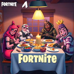 A Fortnite roleplay family at dinner featuring iconic skins: Ruby, Fade, Alto, and Jonesy, gathered around a dining table in a cozy, game-like atmosphere