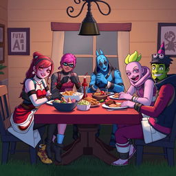 A Fortnite roleplay family at dinner featuring iconic skins: Ruby, Fade, Alto, and Jonesy, gathered around a dining table in a cozy, game-like atmosphere