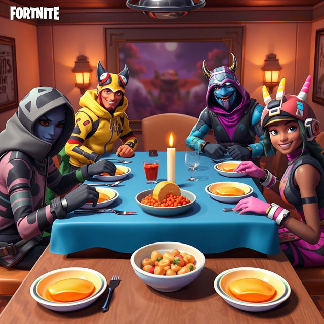 A family roleplay featuring real Fortnite skins around a dinner table, each character with distinct skins like Drift, Lynx, and Midas, reflecting their unique styles