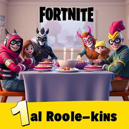 A family roleplay featuring real Fortnite skins around a dinner table, each character with distinct skins like Drift, Lynx, and Midas, reflecting their unique styles