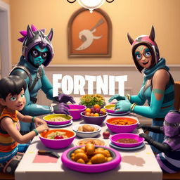 A family roleplay featuring real Fortnite skins around a dinner table, each character with distinct skins like Drift, Lynx, and Midas, reflecting their unique styles