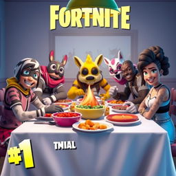 A family roleplay featuring real Fortnite skins around a dinner table, each character with distinct skins like Drift, Lynx, and Midas, reflecting their unique styles