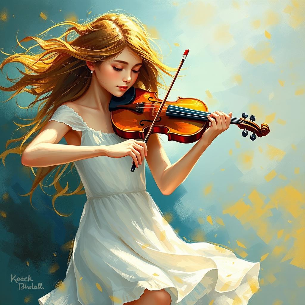 a beautiful girl with flowing hair gently blown by the wind, playing the violin, wearing a short white dress, depicted in an abstract painting style