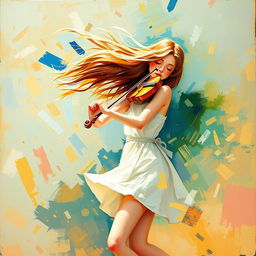 a beautiful girl with flowing hair gently blown by the wind, playing the violin, wearing a short white dress, depicted in an abstract painting style