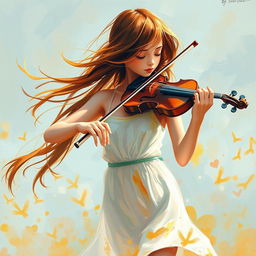 a beautiful girl with flowing hair gently blown by the wind, playing the violin, wearing a short white dress, depicted in an abstract painting style