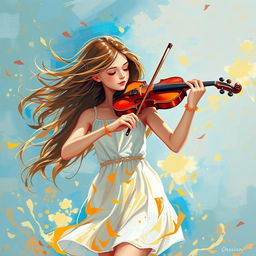 a beautiful girl with flowing hair gently blown by the wind, playing the violin, wearing a short white dress, depicted in an abstract painting style