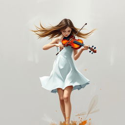 a beautiful girl with flowing hair gently blown by the wind, playing the violin, wearing a short white dress, set against a gray background, depicted in an abstract painting style