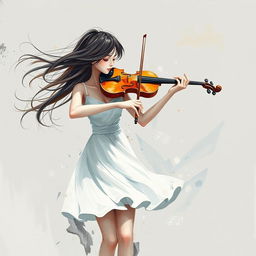 a beautiful girl with flowing hair gently blown by the wind, playing the violin, wearing a short white dress, set against a gray background, depicted in an abstract painting style