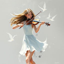 a beautiful girl with flowing hair gently blown by the wind, playing the violin, wearing a short white dress, set against a gray background, depicted in an abstract painting style